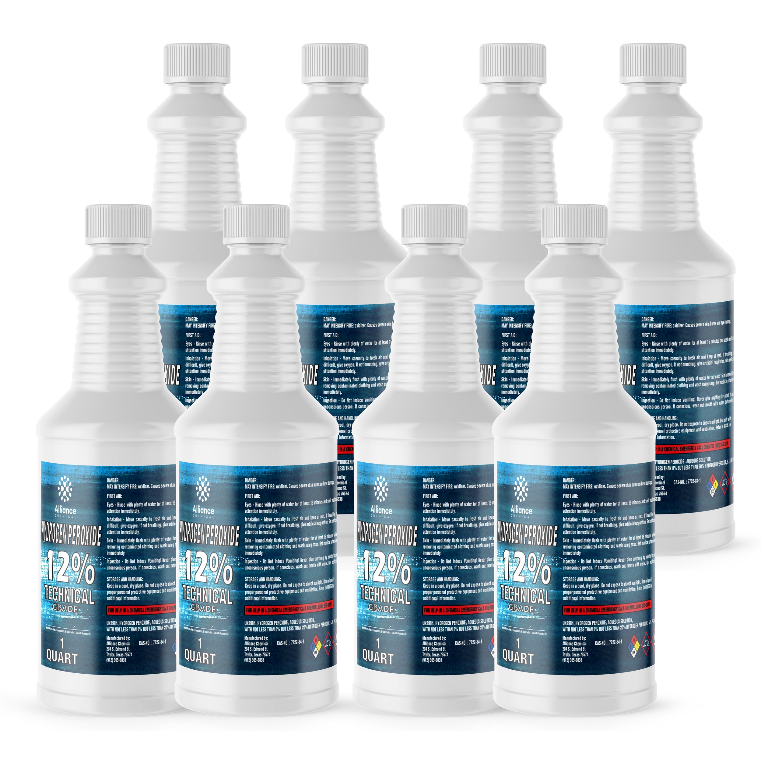1-quart bottles of 12% Technical Grade Hydrogen Peroxide in white HDPE containers with blue labels, NFPA diamond hazard symbols, tamper-evident caps.